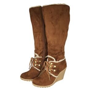 Knee High Eskimo Boots Womens 8.5 Brown Faux Suede Faux Shearling Wedges Winter